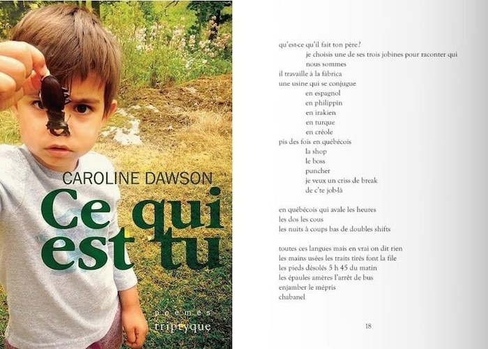 Couverture et extrait du recueil de poèmes Ce qui est tu de Caroline Dawson. 