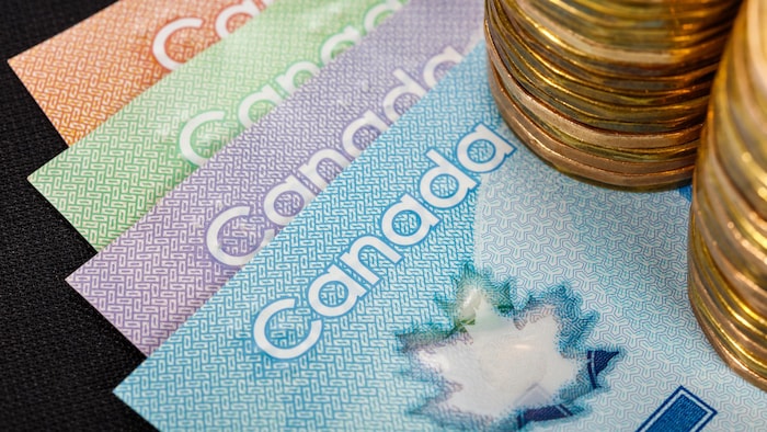 نقود معدنية كندية موضوعة على أوراق نقدية كندية من ألوان مختلفة.
