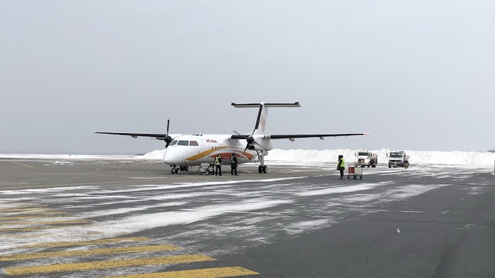 Des travailleurs sur une piste autour d'un avion.