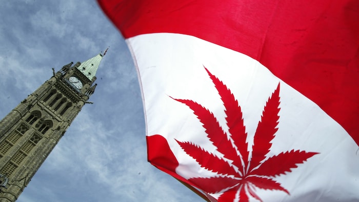 Un drapeau canadien dont la feuille d'érable est remplacée par une feuille de marijuana