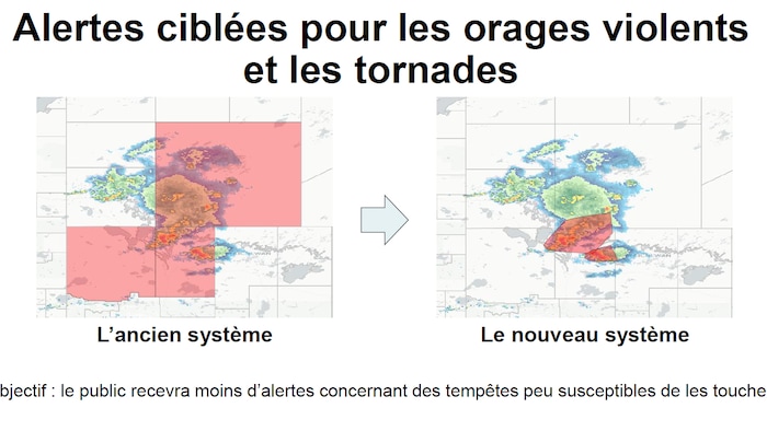 Une carte démontre l'ancien système d'alerte qui présente un avertissement de météo extrême sur un grand territoire, majoritairement inaffecté; et le nouveau système qui livre des avertissements uniquement pour les zones les plus à risque aux conditions météorologiques extrêmes.