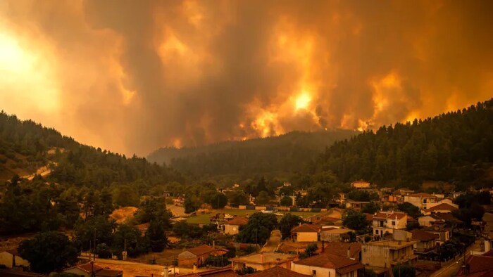 Un feu de forêt non loin d'un village.