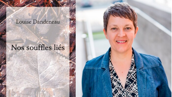 La couverture du livre Nos souffles liés et son autrice Louise Dandeneau.