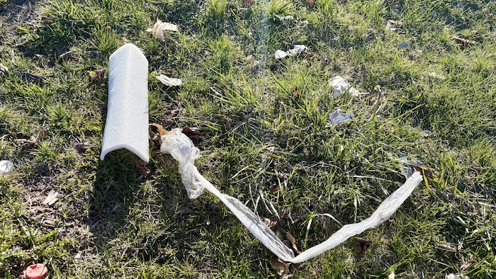 Des déchets variés sur l'herbe.