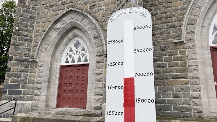 Une affiche indiquant que 200 000 $ ont été récoltés sur un total de 300 000 devant une église. 