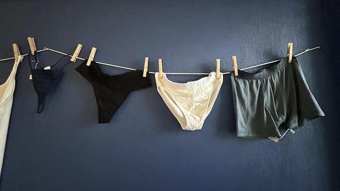 Des sous-vêtements accrochés sur une corde.