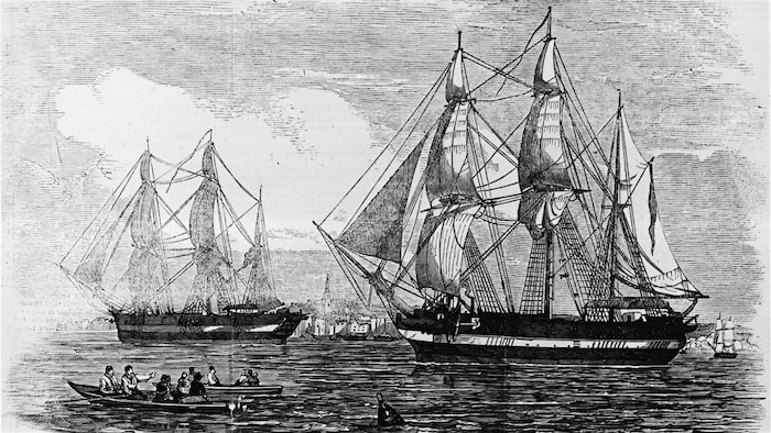 Illustration d'époque des deux navires de l'expédition Franklin parue dans le journal London News.