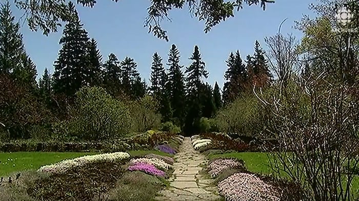 Vue d'une allée où se côtoient fleurs et conifères aux Jardins de Métis.
