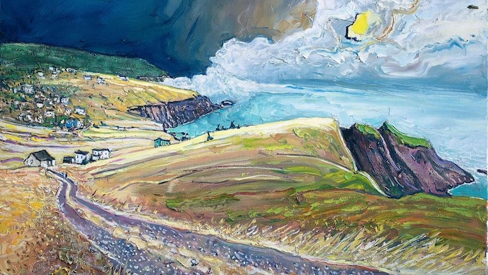 Un paysage terre-neuvien en peinture avec des falaises rocheuses et la mer.