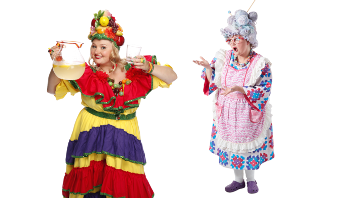 Josée LeBlanc déguisée en Madame Fruitée et Mamie Gâteau.