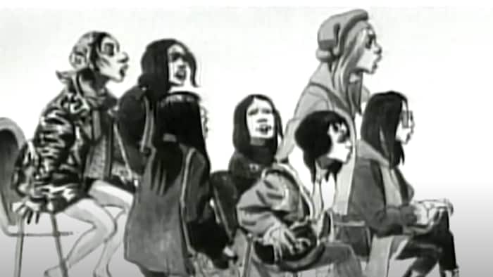 Dessin en noir et blanc montrant les sept militantes au moment de leur intervention lors du procès de Paul Rose.  