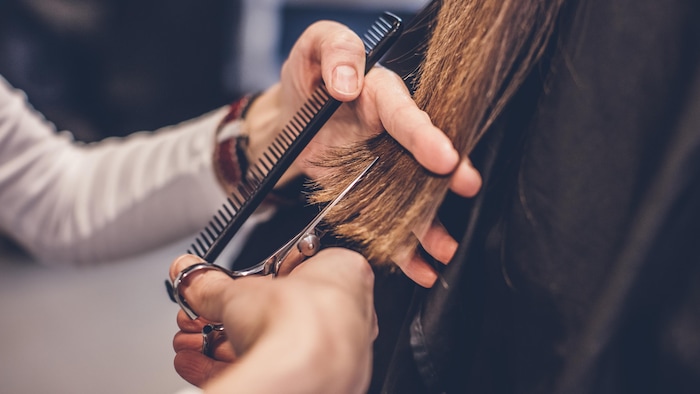 Une coiffeuse coupe les cheveux d'une cliente.