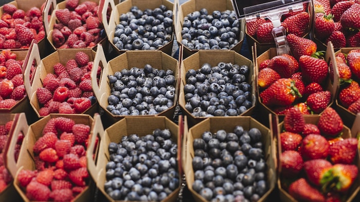 Un étalage de framboises, bleuets et fraises du Québec.