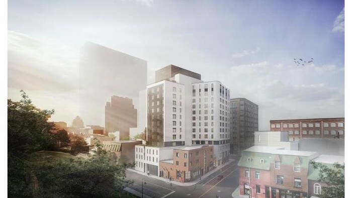 Illustration du nouvel immeuble de 13 étages pour des logements étudiants à Montréal.