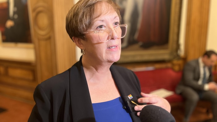 Margaret Johnson en mêlée de presse à l'Assemblée législative du Nouveau-Brunswick.