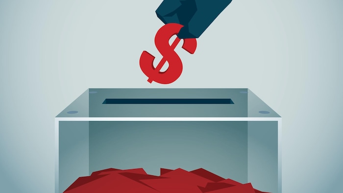An illustration showing a man dropping a dollar sign into a ballot box. 