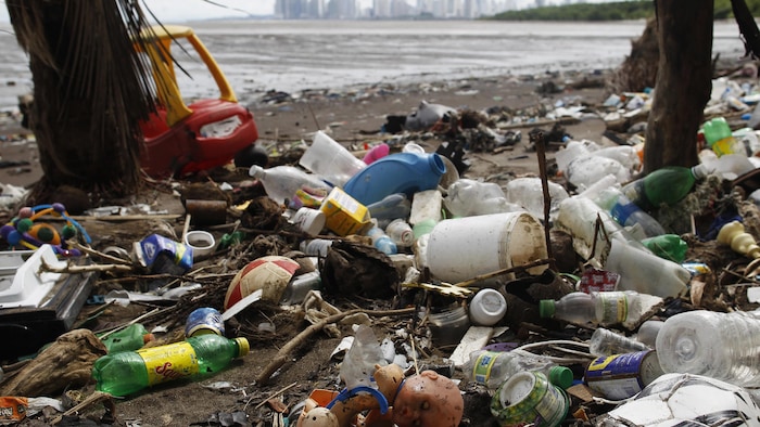 Une multitude de déchets plastiques rejetés sur une plage du Panama par l'océan Pacifique.