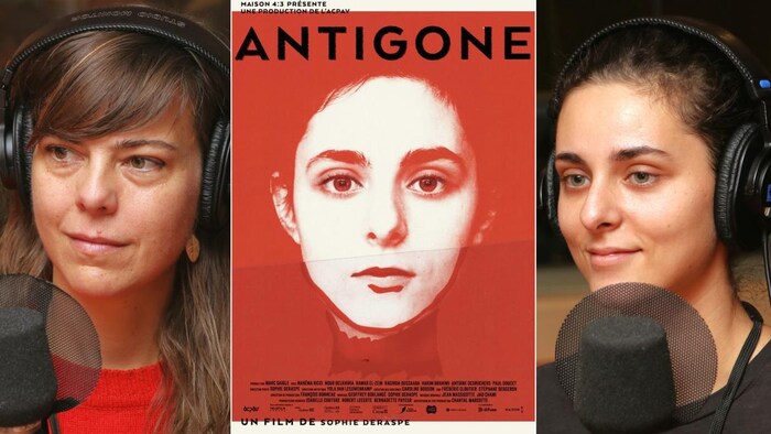Montage avec deux photos de Sophie Deraspe et Nahéma Ricci devant un micro de radio et l'affiche du film Antigone. 