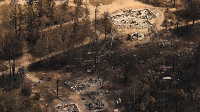 Vue aérienne des dégâts des feux de forêt dans la première nation de Collins.