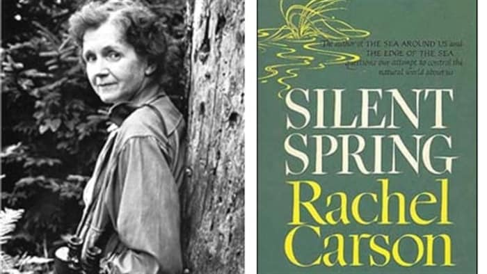 Montage photo de Rachel Carson et de la couverture de son livre &laquo; Silent Spring &raquo;.