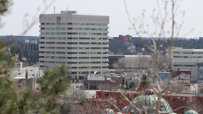 Photo de l'hôtel de ville et du centre-ville de Sudbury. On aperçoit au loin l'œuvre de RISK.
