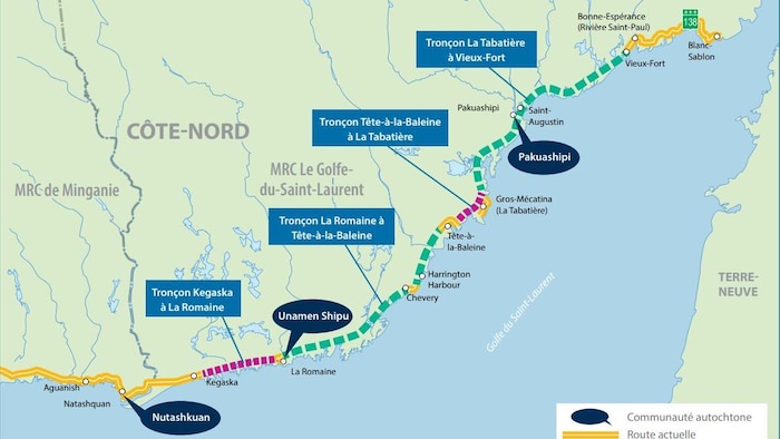 La carte des tronçons de route 138 sur la Côte-Nord où des travaux auront lieu. 