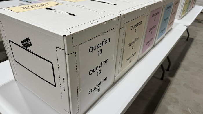 Des boîtes de scrutin pour le référendum en Alberta.