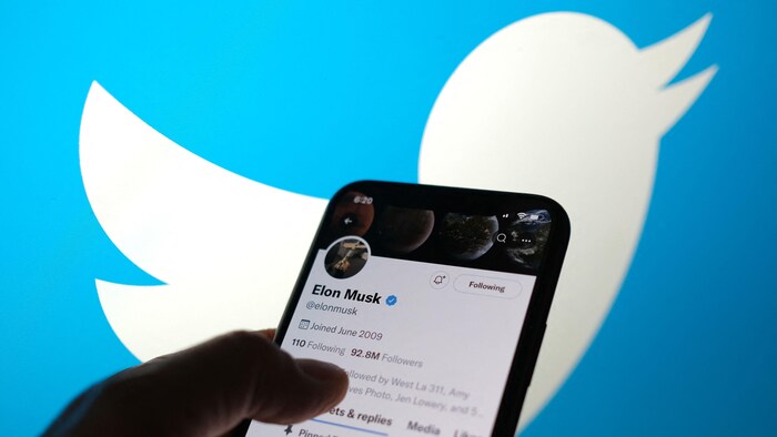 Illustration du compte Twitter d'Elon Musk avec un crochet bleu depuis l'application mobile avec un logo de Twitter en arrière-plan.