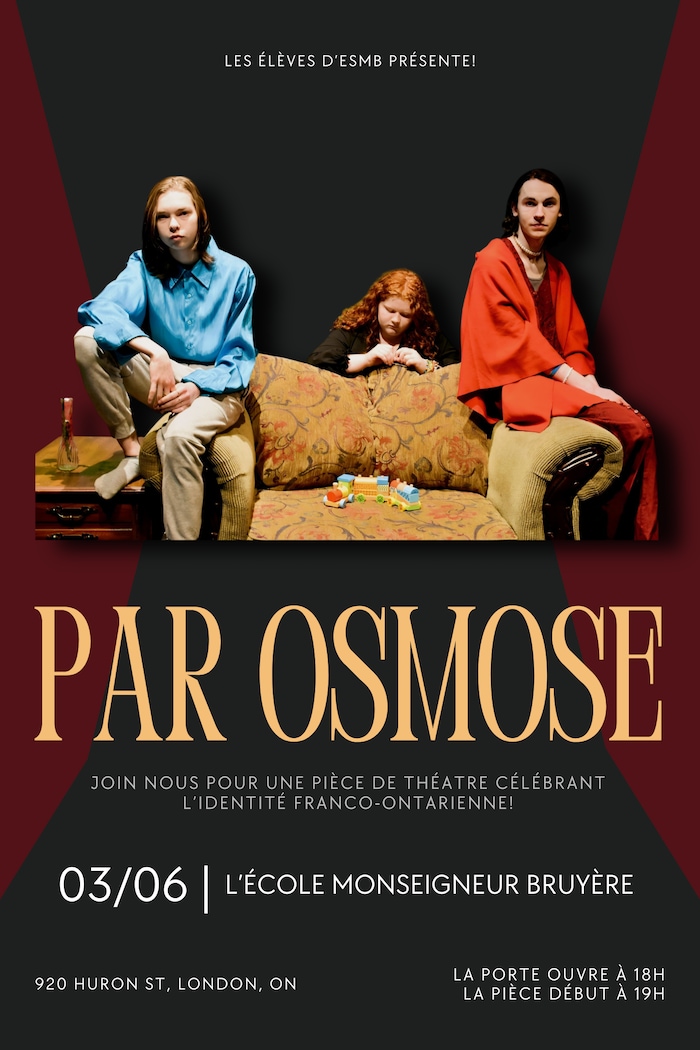 L'affiche de la pièce Par Osmose qui retrace les défis des Francophones en milieu minoritaire.