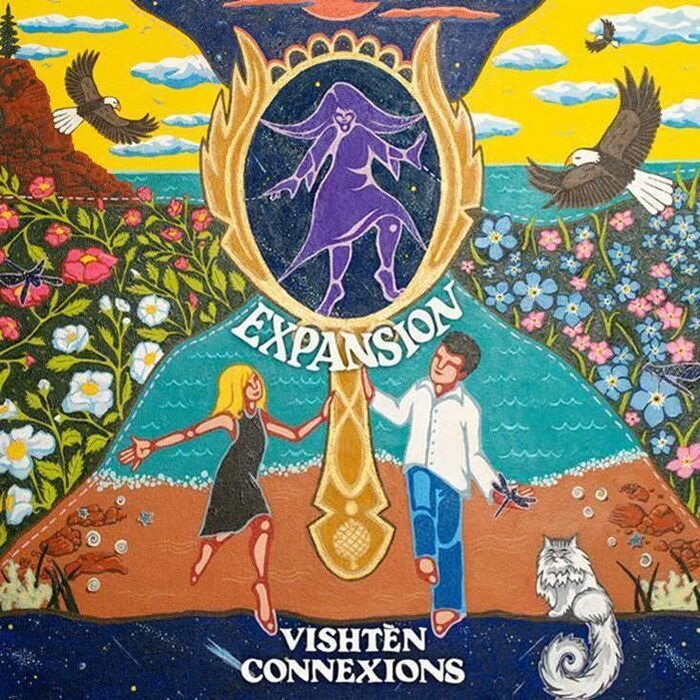 Pochette colorée de l'album. Deux personnages tiennent un miroir dans lequel apparaît une femme.