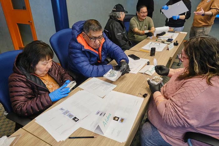 Des personnes de la nation innue du Labrador sont assises et regardent des artefacts. 