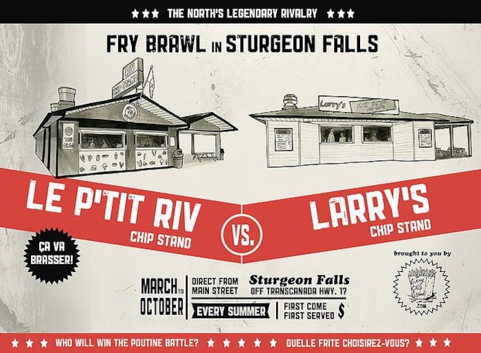 Illustration de Chantal Bennett de la rivalité entre Le P'tit Riv et le Larry's à Sturgeon Falls.