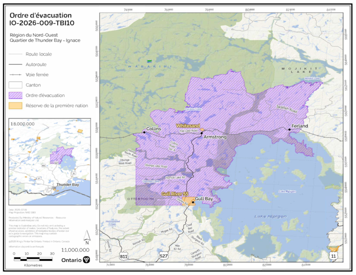 ordre d'évacuation pour la région du nord-ouest, district de Thunder Bay - Ignace.