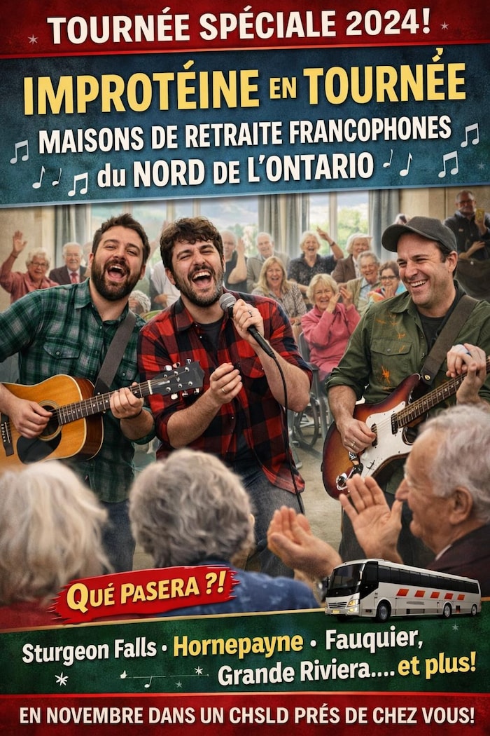 Affiche fictive générée par l'IA d'une tournée des maisons de retraite francophones du Nord de l'Ontario.
