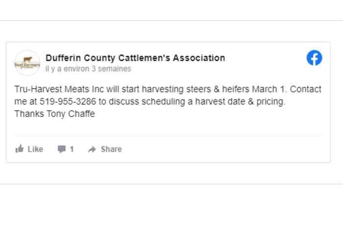 Une publication Facebook sur la page du groupe Dufferin County Cattlemen's Association.