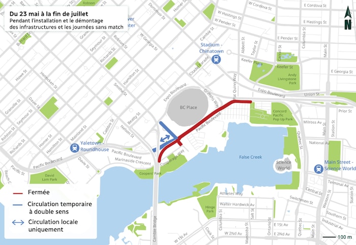 Carte montrant le centre-ville de Vancouver, près du stade BC Place, avec des indications de fermetures de rues.
