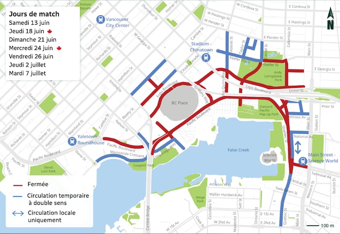 Carte de Vancouver montrant les rues qui seront fermées ou ouvertes pendant la Coupe du monde de la FIFA.