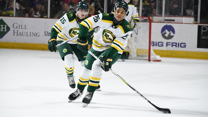 Un joueur de hockey se prépare à effectuer une passe