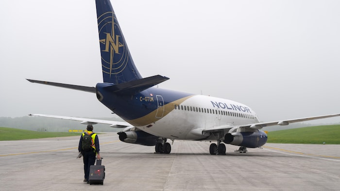 Un employé marche sur le tarmak en direction d'un avion