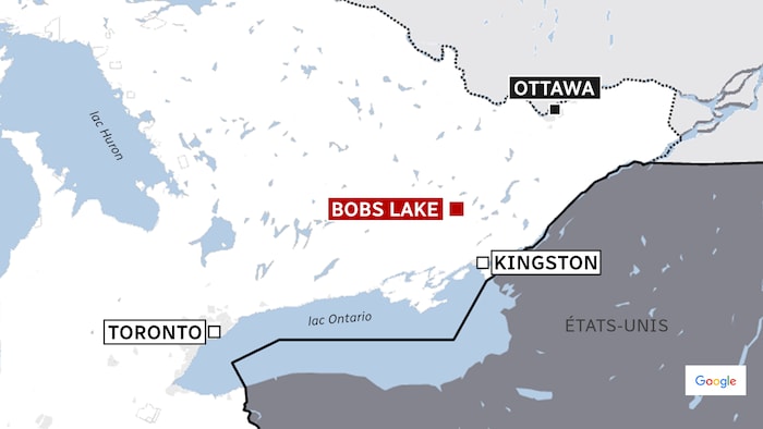 Une carte indiquant où se situe Bobs Lake par rapport à Ottawa, Kingston et Toronto.