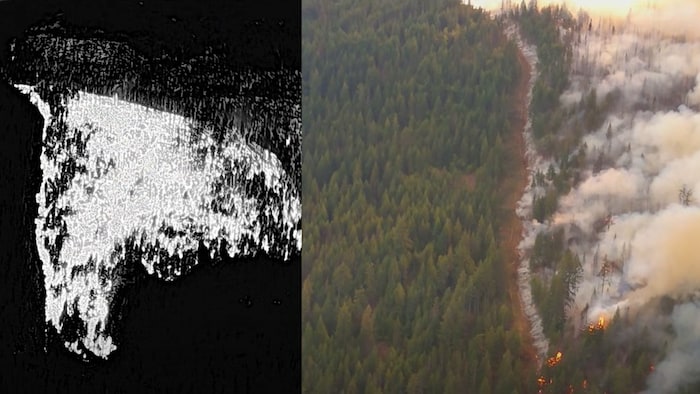 Une photographie comparant des images infrarouges d'un brûlage dirigé et à celles d'images normales de ce même brûlage.