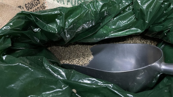 Un sac de café vert.