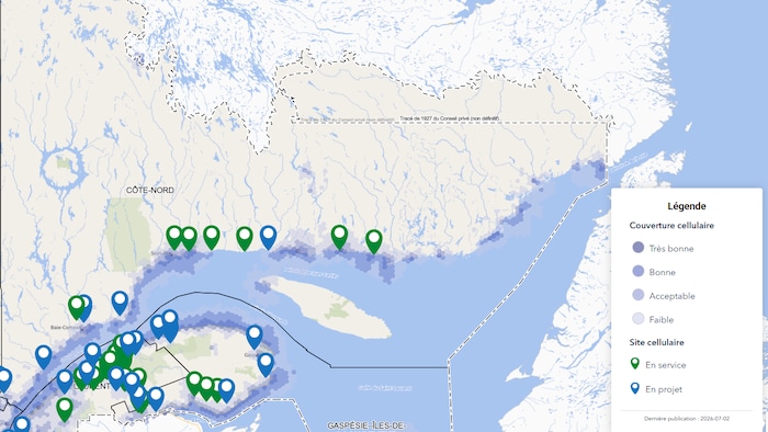 Une capture d'écran de la Côte-Nord sur la carte interactive de la couverture cellulaire développée par le gouvernement du Québec.