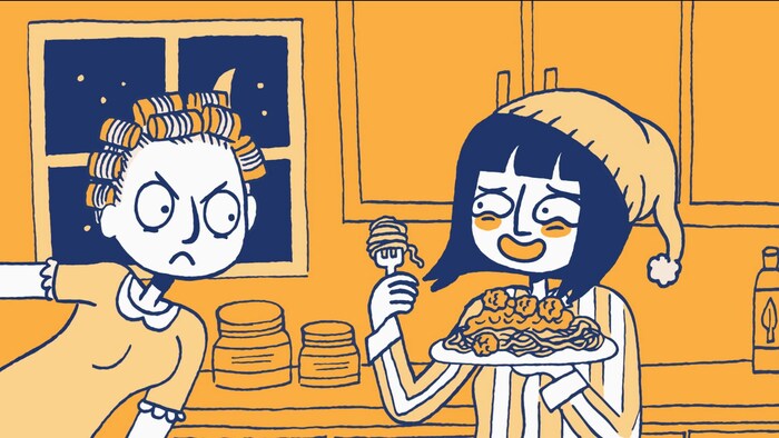 Une illustration montre une femme en pyjama manger un spaghetti devant une autre femme visiblement irritée.