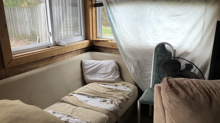 Un divan déchiré à plusieurs endroits dans une petite pièce.