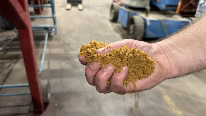 A man holds in his hand a handful of yellowish sawdust flowing with his fingers in a seal. The whole thing is happening in an industrial hangar in Calgary on June 19, 2025.