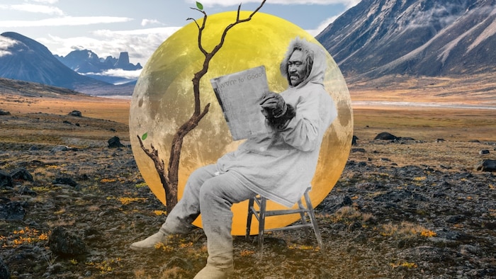 Illustration d'un homme assis sur une chaise devant un petit arbre et une grande Lune. Il est en train de lire un journal.