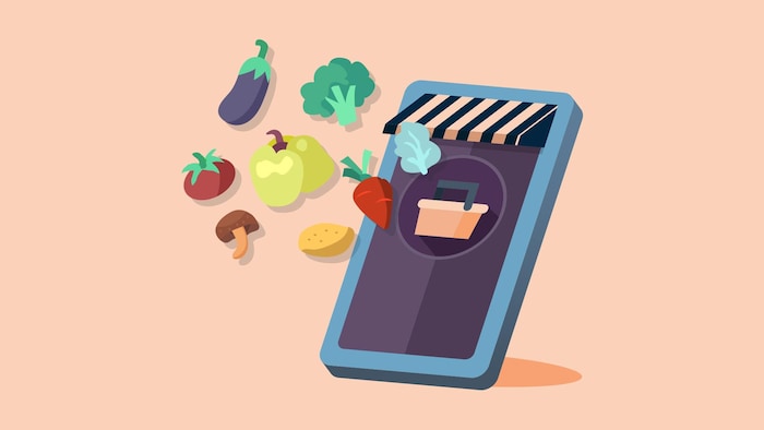 Une illustration qui représente l'achat d'épicerie en ligne. Plusieurs légumes sortent d'un téléphone cellulaire.