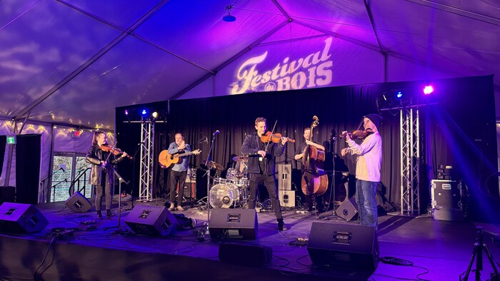 Un groupe de musique composé de 5 hommes et 1 femme sur la scène du Festival du Bois