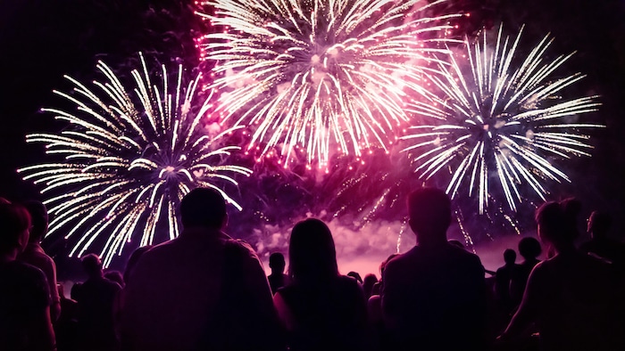 Une foule qui regarde des feux d'artifice.